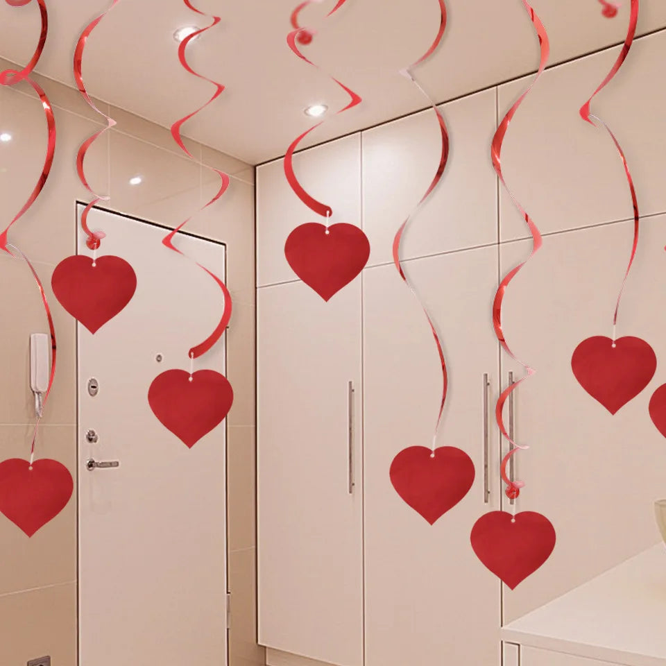 6pcs Red & White Heart Spiral Hanging Garland – Valentine’s Day Wedding Party Decorations